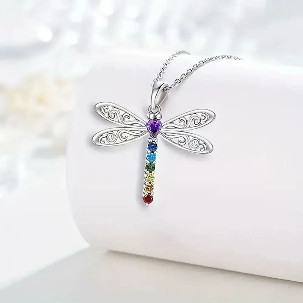 NWT Gorgeous Silver Dragonfly Long 17.7” Chain Necklace w/ Colorful Rhinestones - Picture 4 of 7